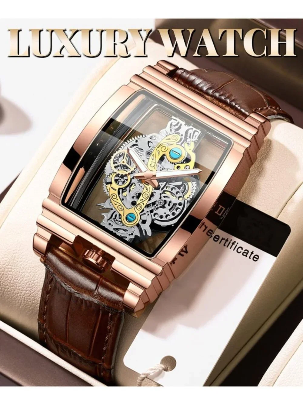 Luxury Hollow Skeleton Watch - Retro Gear Design, Large Dial, Leather & Steel
